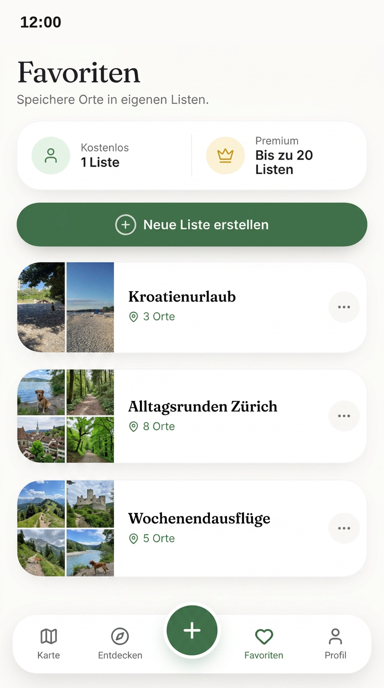 PawTrip Favoriten-Ansicht mit eigenen Listen wie „Kroatienurlaub“