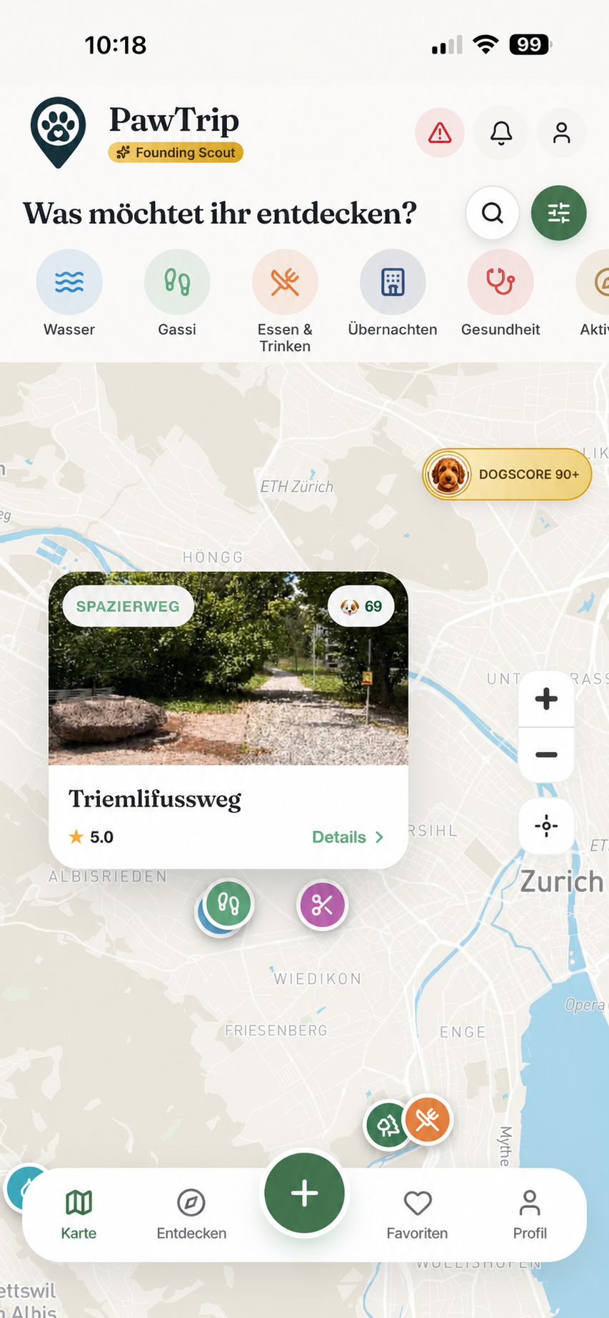PawTrip Karte mit Ort-Popup, DogScore und Kategorie-Auswahl
